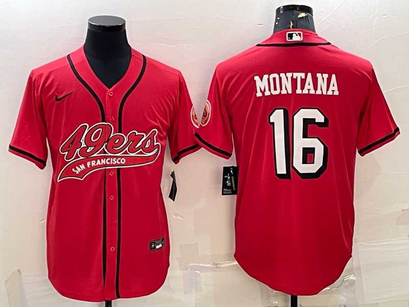 Mens San Francisco 49ers #16 Joe Montana Red Color Rush With Patch Cool Base Stitched Baseball Jersey